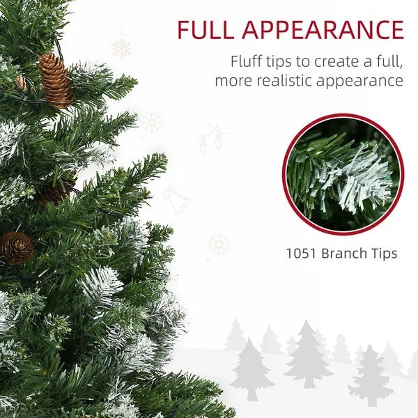 7.5' Decorated Christmas Trees, Skinny Prelit Artificial Christmas Tree With Snow-dipped Branches, Auto Open, Pinecones
