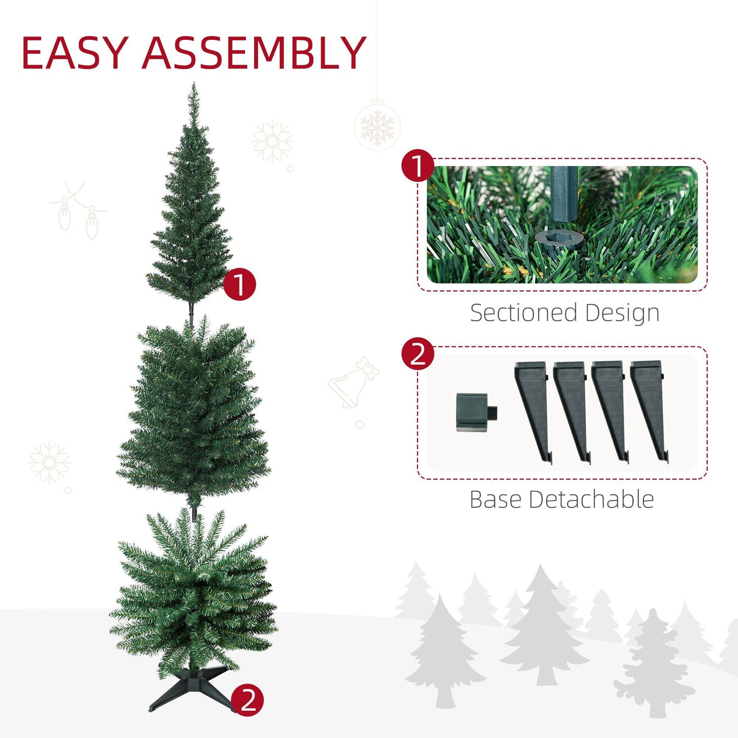 6' Pre Lit Artificial Pencil Christmas Trees, Xmas Tree With Realistic Branches And Warm White LED Lights, Green