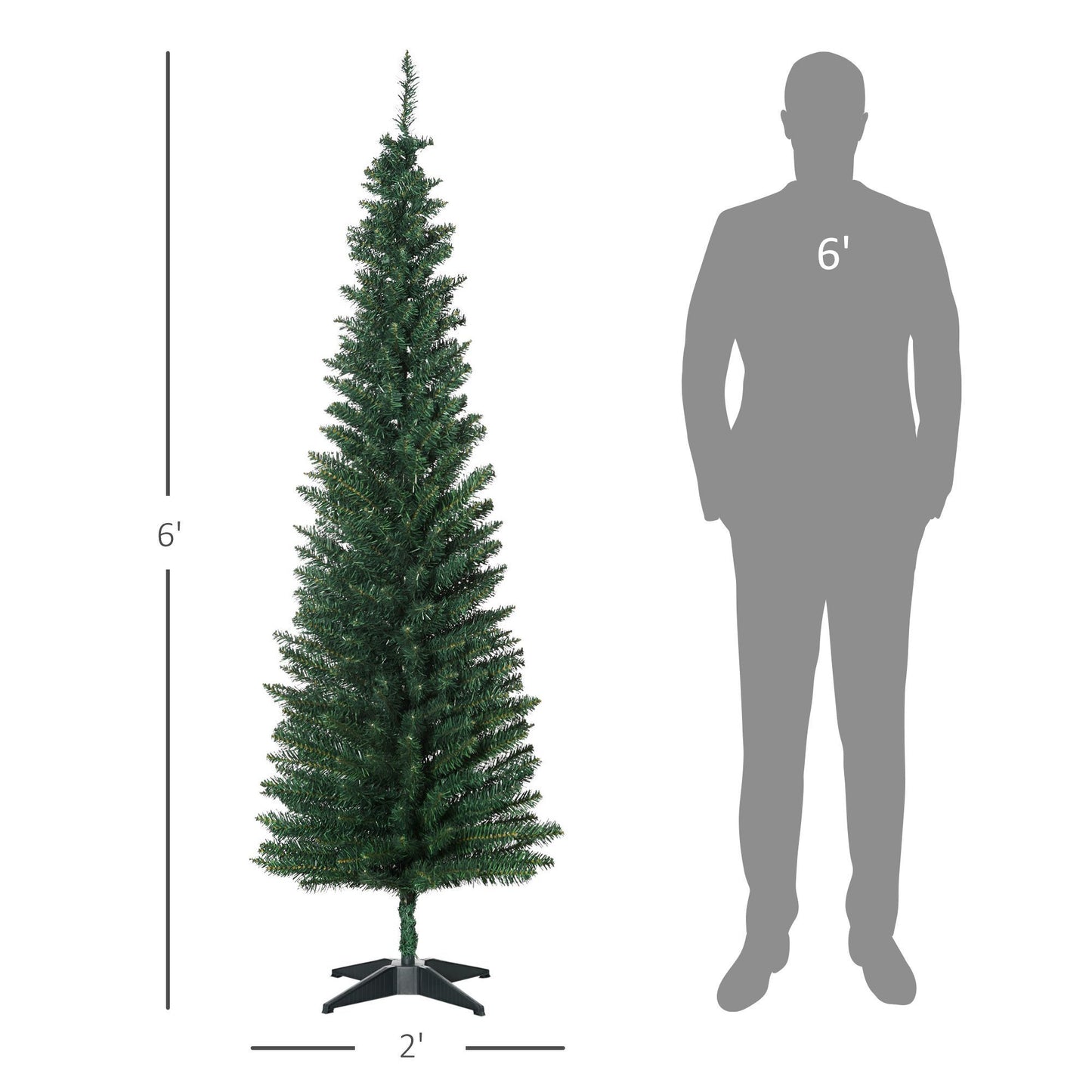 6' Pre Lit Artificial Pencil Christmas Trees, Xmas Tree With Realistic Branches And Warm White LED Lights, Green