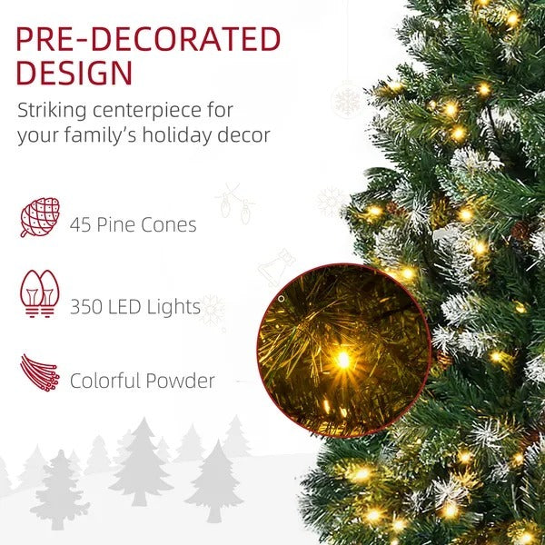 7.5' Decorated Christmas Trees, Skinny Prelit Artificial Christmas Tree With Snow-dipped Branches, Auto Open, Pinecones