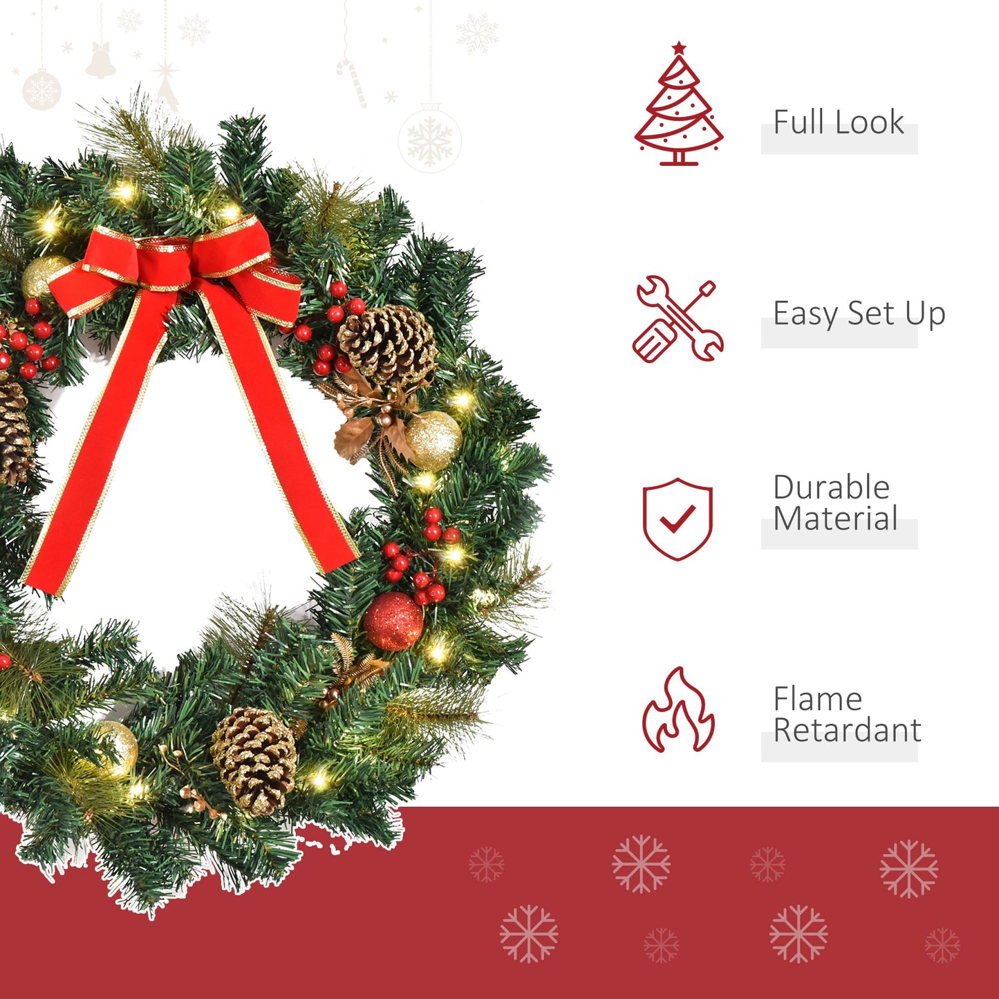 Christmas Wreath Pre-Lit Artificial Greenery Xmas Spruce Wreath Cones Red Berries 20 LED Lights Battery Operated