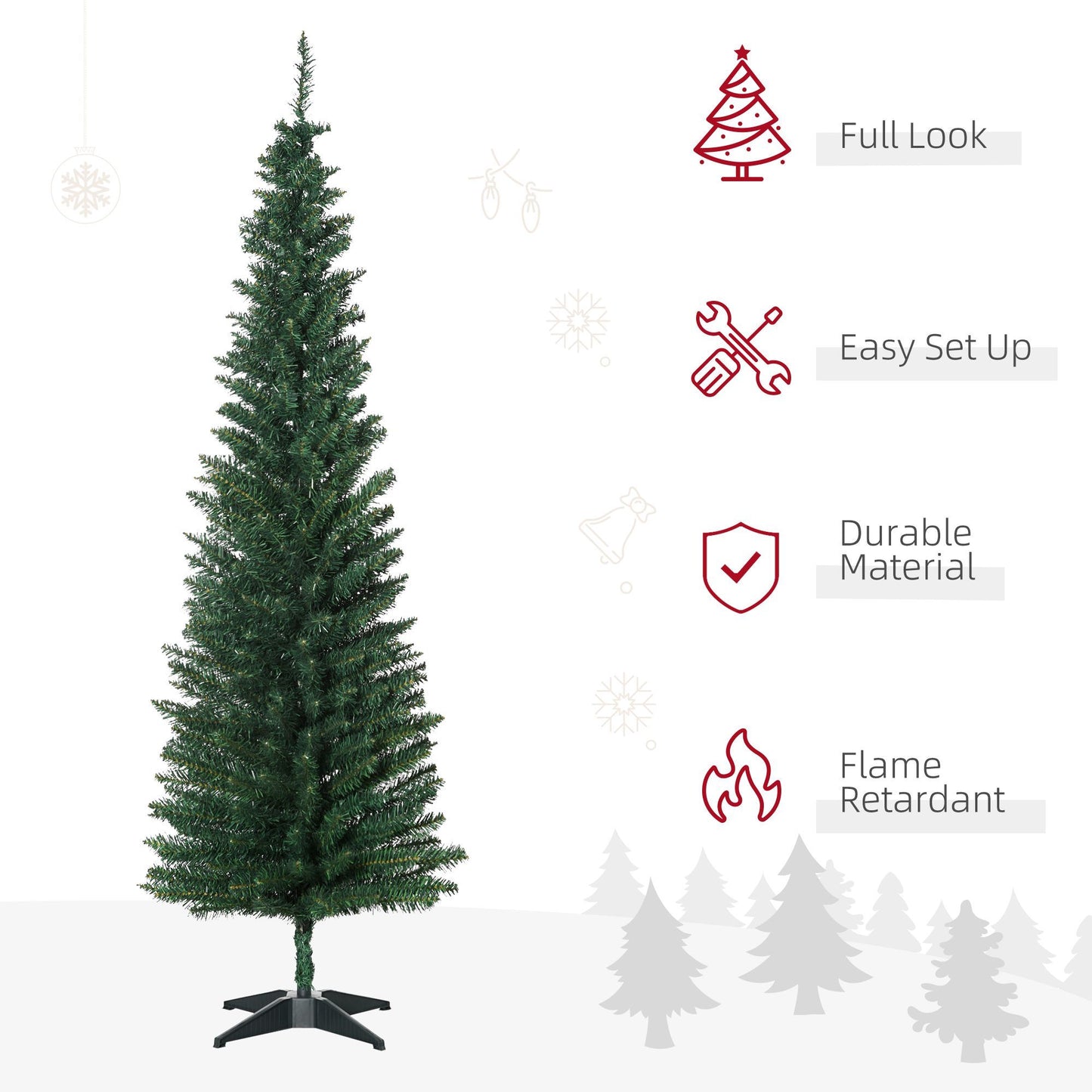 6' Pre Lit Artificial Pencil Christmas Trees, Xmas Tree With Realistic Branches And Warm White LED Lights, Green