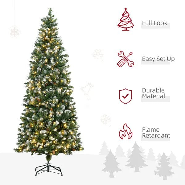 7.5' Decorated Christmas Trees, Skinny Prelit Artificial Christmas Tree With Snow-dipped Branches, Auto Open, Pinecones
