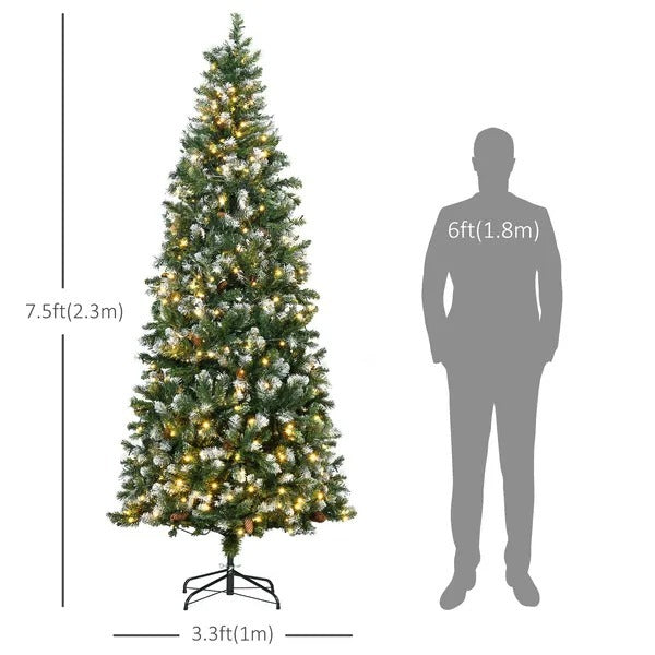 7.5' Decorated Christmas Trees, Skinny Prelit Artificial Christmas Tree With Snow-dipped Branches, Auto Open, Pinecones