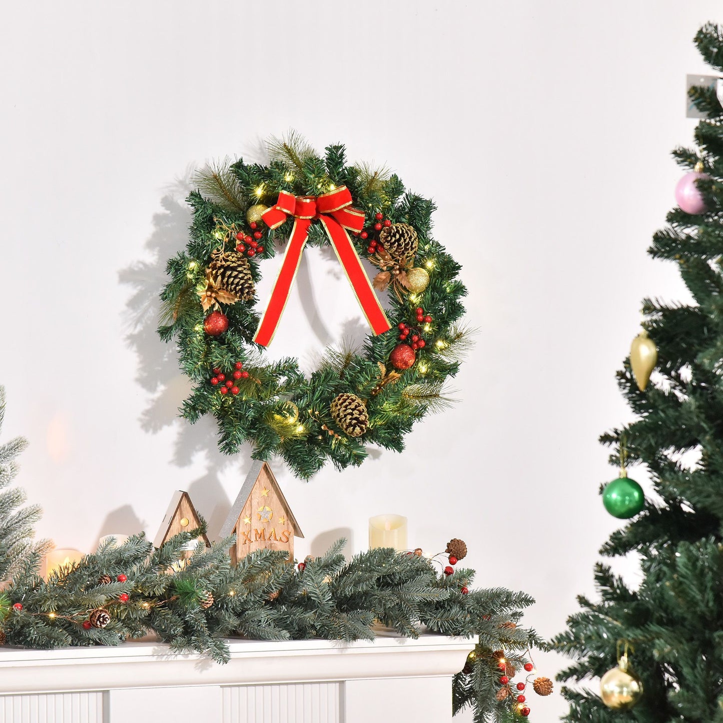 Christmas Wreath Pre-Lit Artificial Greenery Xmas Spruce Wreath Cones Red Berries 20 LED Lights Battery Operated