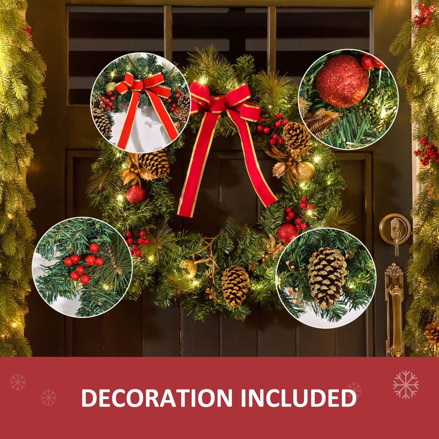 Christmas Wreath Pre-Lit Artificial Greenery Xmas Spruce Wreath Cones Red Berries 20 LED Lights Battery Operated