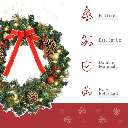 Christmas Wreath Pre-Lit Artificial Greenery Xmas Spruce Wreath Cones Red Berries 20 LED Lights Battery Operated