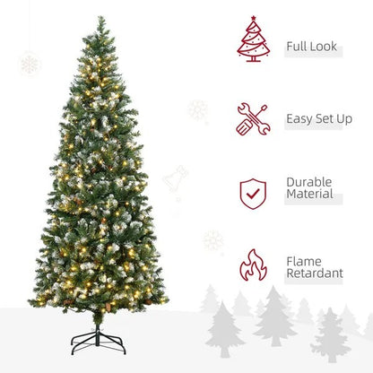7.5' Decorated Christmas Trees, Skinny Prelit Artificial Christmas Tree With Snow-dipped Branches, Auto Open, Pinecones