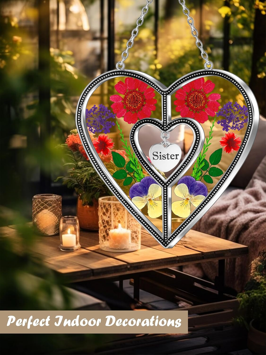 Heart Suncatcher Sister Stained Glass Panels Hangings for Windows Sun Catchers with Pressed Real Flower Heart in Glass Birthday Gifts for Women Mothers Day Home Garden Christmas Ornament