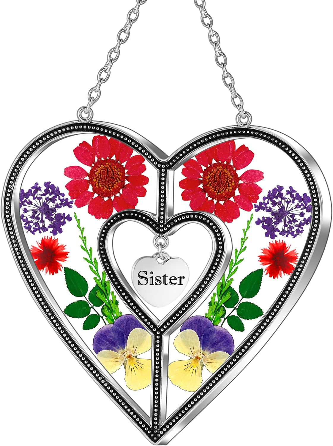 Heart Suncatcher Sister Stained Glass Panels Hangings for Windows Sun Catchers with Pressed Real Flower Heart in Glass Birthday Gifts for Women Mothers Day Home Garden Christmas Ornament