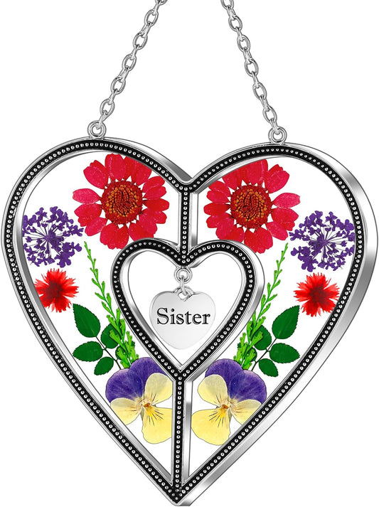 Heart Suncatcher Sister Stained Glass Panels Hangings for Windows Sun Catchers with Pressed Real Flower Heart in Glass Birthday Gifts for Women Mothers Day Home Garden Christmas Ornament