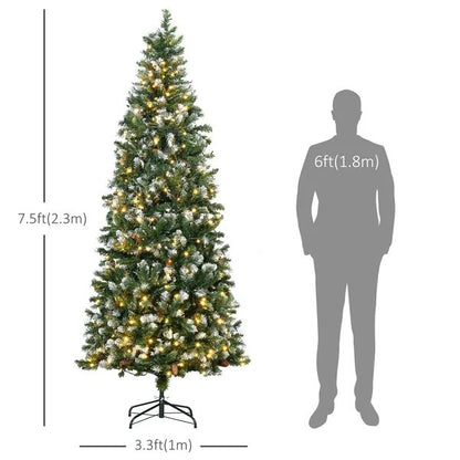 7.5' Decorated Christmas Trees, Skinny Prelit Artificial Christmas Tree With Snow-dipped Branches, Auto Open, Pinecones